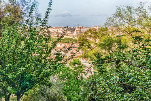 Aerial view of Rome from the green gardens on the Janiculum Hill, Italy