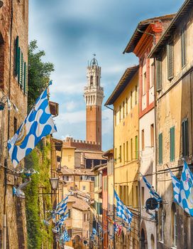 Walking in the picturesque streets in the medieval city centre of Siena, one of the nation's most visited tourist attractions in Italy