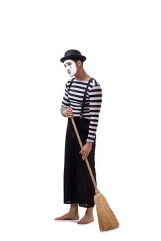 Mime with broom isolated on white background