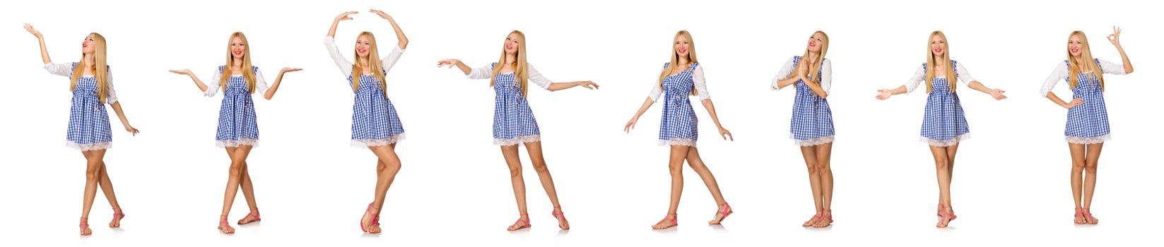 Caucasian woman in plaid blue dress isolated on white