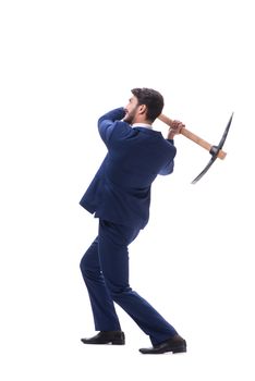 Young businessman with axe isolated on white background  