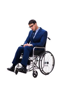 Businessman with wheelchair isolated on white background