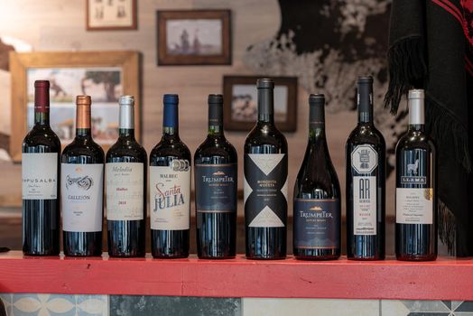 Andorra La Vella, Andorra: 2021 February 25: Argentine wines in a typical restaurant in winter 2021.