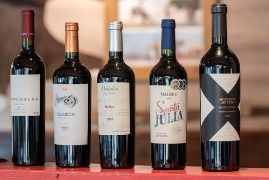 Andorra La Vella, Andorra: 2021 February 25: Argentine wines in a typical restaurant in winter 2021.
