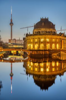The Bode Museum, the Television Tower and the river Spree in Berlin at dawn