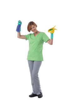 Cleaner woman with spray and rag in raised arms isolated on white background, full length portrait
