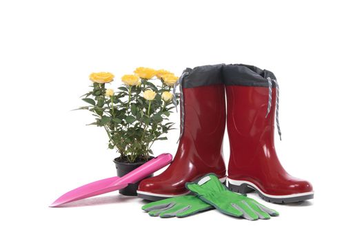 Garden tools with flower pot and boots isolated on white background