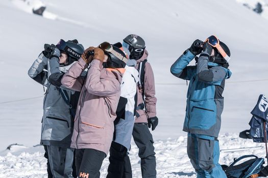 Ordino Arcalis, Andorra: 2021 February 24: Skiers in action at the Freeride World Tour 2021 Step 2 at Ordino Alcalis in Andorra in the winter of 2021.