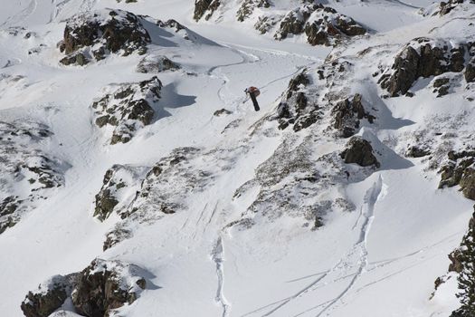 Ordino Arcalis, Andorra: 2021 February 24: Skiers in action at the Freeride World Tour 2021 Step 2 at Ordino Alcalis in Andorra in the winter of 2021.