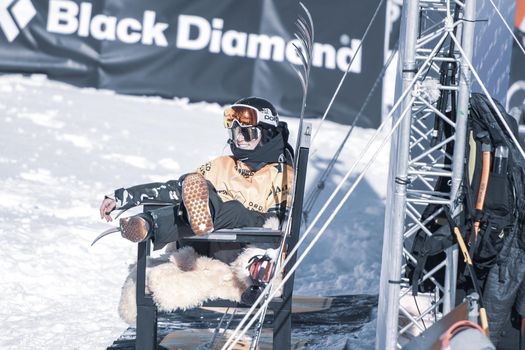 Ordino Arcalis, Andorra: 2021 February 24: Skiers in action at the Freeride World Tour 2021 Step 2 at Ordino Alcalis in Andorra in the winter of 2021.