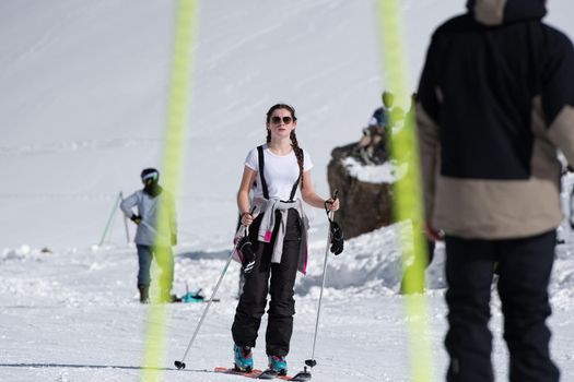 Ordino Arcalis, Andorra: 2021 February 24: Young Woman at Ordino Alcalis in Andorra in the winter of 2021.