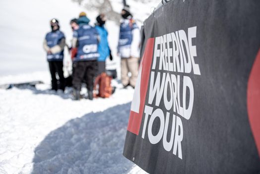 Ordino Arcalis, Andorra: 2021 February 24: Logo at the Freeride World Tour 2021 Step 2 at Ordino Alcalis in Andorra in the winter of 2021.