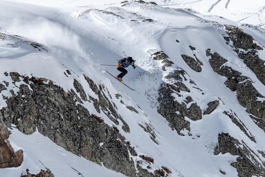 Ordino Arcalis, Andorra: 2021 February 24: Skiers in action at the Freeride World Tour 2021 Step 2 at Ordino Alcalis in Andorra in the winter of 2021.