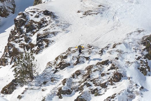 Ordino Arcalis, Andorra: 2021 February 24: Skiers in action at the Freeride World Tour 2021 Step 2 at Ordino Alcalis in Andorra in the winter of 2021.