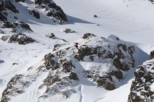Ordino Arcalis, Andorra: 2021 February 24: Aymar Navarro in action at the Freeride World Tour 2021 Step 2 at Ordino Alcalis in Andorra in the winter of 2021.