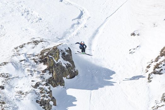 Ordino Arcalis, Andorra: 2021 February 24: Skiers in action at the Freeride World Tour 2021 Step 2 at Ordino Alcalis in Andorra in the winter of 2021.