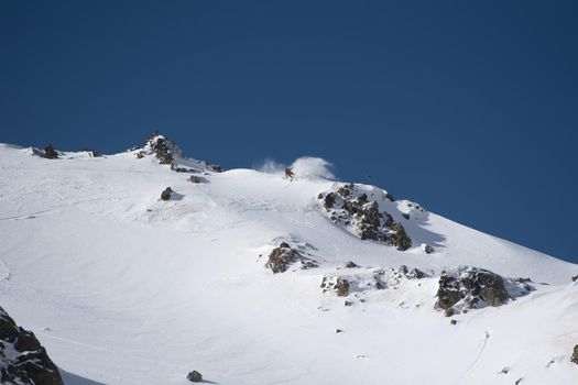 Ordino Arcalis, Andorra: 2021 February 24: Skiers in action at the Freeride World Tour 2021 Step 2 at Ordino Alcalis in Andorra in the winter of 2021.