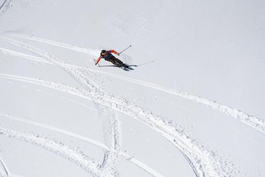 Ordino Arcalis, Andorra: 2021 February 24: Skiers in action at the Freeride World Tour 2021 Step 2 at Ordino Alcalis in Andorra in the winter of 2021.