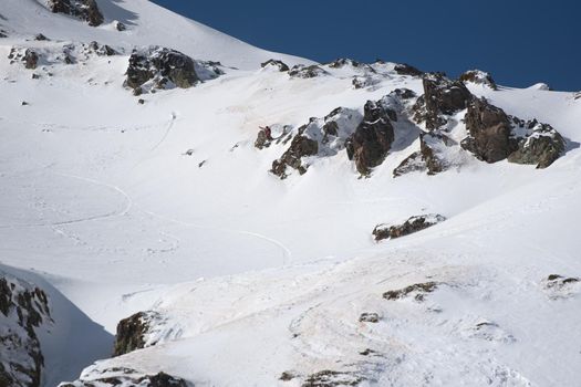 Ordino Arcalis, Andorra: 2021 February 24: Skiers in action at the Freeride World Tour 2021 Step 2 at Ordino Alcalis in Andorra in the winter of 2021.