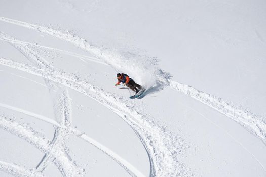 Ordino Arcalis, Andorra: 2021 February 24: Skiers in action at the Freeride World Tour 2021 Step 2 at Ordino Alcalis in Andorra in the winter of 2021.