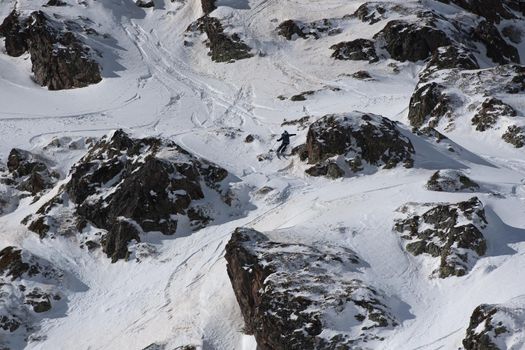 Ordino Arcalis, Andorra: 2021 February 24: Skiers in action at the Freeride World Tour 2021 Step 2 at Ordino Alcalis in Andorra in the winter of 2021.