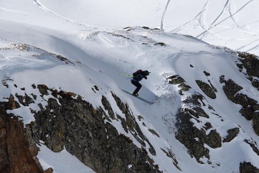 Ordino Arcalis, Andorra: 2021 February 24: Skiers in action at the Freeride World Tour 2021 Step 2 at Ordino Alcalis in Andorra in the winter of 2021.