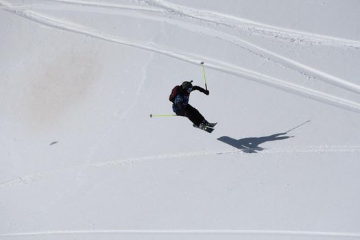 Ordino Arcalis, Andorra: 2021 February 24: Skiers in action at the Freeride World Tour 2021 Step 2 at Ordino Alcalis in Andorra in the winter of 2021.