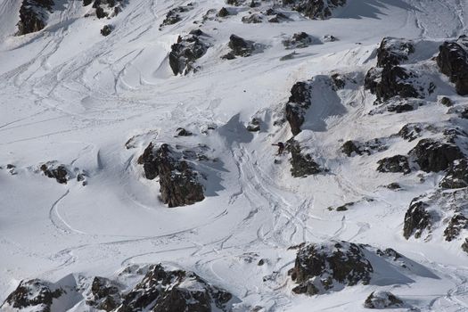 Ordino Arcalis, Andorra: 2021 February 24: Skiers in action at the Freeride World Tour 2021 Step 2 at Ordino Alcalis in Andorra in the winter of 2021.