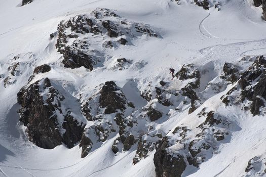 Ordino Arcalis, Andorra: 2021 February 24: Skiers in action at the Freeride World Tour 2021 Step 2 at Ordino Alcalis in Andorra in the winter of 2021.