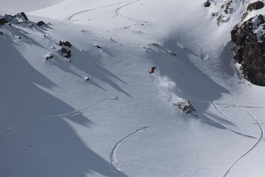 Ordino Arcalis, Andorra: 2021 February 24: Skiers in action at the Freeride World Tour 2021 Step 2 at Ordino Alcalis in Andorra in the winter of 2021.
