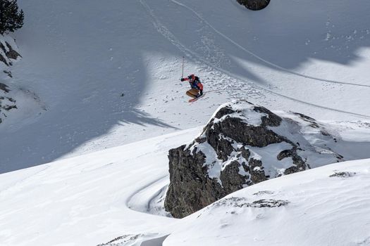Ordino Arcalis, Andorra: 2021 February 24: Skiers in action at the Freeride World Tour 2021 Step 2 at Ordino Alcalis in Andorra in the winter of 2021.