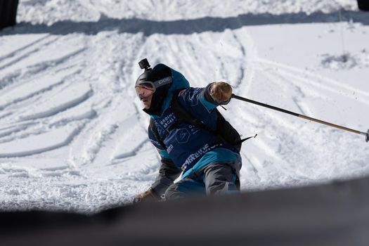 Ordino Arcalis, Andorra: 2021 February 24: Skiers in action at the Freeride World Tour 2021 Step 2 at Ordino Alcalis in Andorra in the winter of 2021.