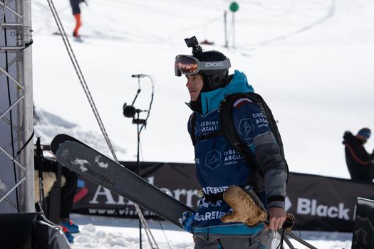 Ordino Arcalis, Andorra: 2021 February 24: Skiers in action at the Freeride World Tour 2021 Step 2 at Ordino Alcalis in Andorra in the winter of 2021.