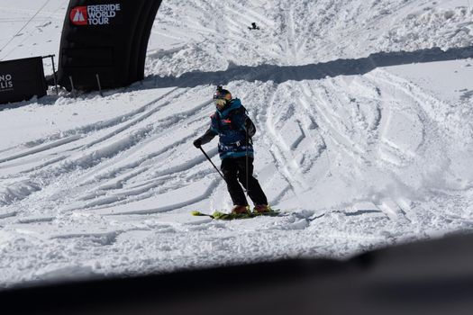 Ordino Arcalis, Andorra: 2021 February 24: Skiers in action at the Freeride World Tour 2021 Step 2 at Ordino Alcalis in Andorra in the winter of 2021.