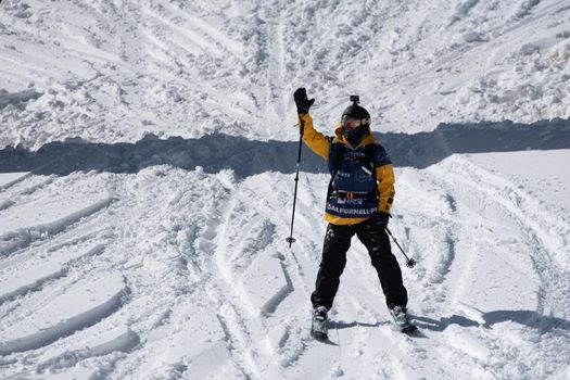 Ordino Arcalis, Andorra: 2021 February 24: Dani Fornell in action at the Freeride World Tour 2021 Step 2 at Ordino Alcalis in Andorra in the winter of 2021.