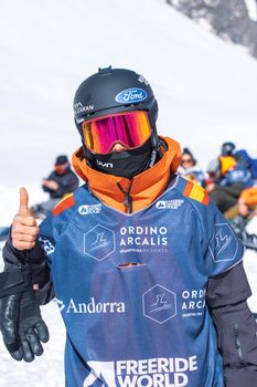 Ordino Arcalis, Andorra: 2021 February 24: Aymar Navarro in action at the Freeride World Tour 2021 Step 2 at Ordino Alcalis in Andorra in the winter of 2021.