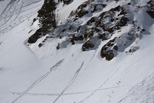 Ordino Arcalis, Andorra: 2021 February 24: Skiers in action at the Freeride World Tour 2021 Step 2 at Ordino Alcalis in Andorra in the winter of 2021.