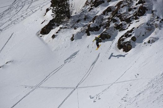 Ordino Arcalis, Andorra: 2021 February 24: Skiers in action at the Freeride World Tour 2021 Step 2 at Ordino Alcalis in Andorra in the winter of 2021.