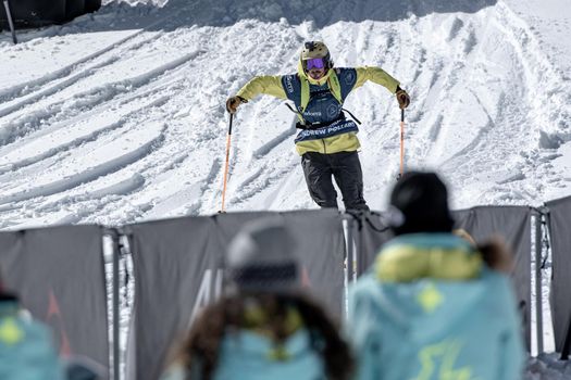 Ordino Arcalis, Andorra: 2021 February 24: Andrew Pollard in action at the Freeride World Tour 2021 Step 2 at Ordino Alcalis in Andorra in the winter of 2021.