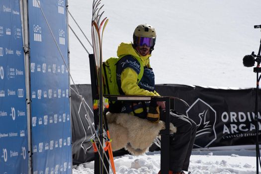 Ordino Arcalis, Andorra: 2021 February 24: Andrew Pollard in action at the Freeride World Tour 2021 Step 2 at Ordino Alcalis in Andorra in the winter of 2021.