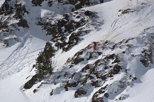 Ordino Arcalis, Andorra: 2021 February 24: Skiers in action at the Freeride World Tour 2021 Step 2 at Ordino Alcalis in Andorra in the winter of 2021.