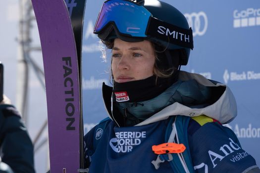 Ordino Arcalis, Andorra: 2021 February 24: Elisabeth Gerritzen in action at the Freeride World Tour 2021 Step 2 at Ordino Alcalis in Andorra in the winter of 2021.