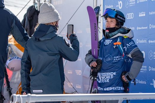 Ordino Arcalis, Andorra: 2021 February 24: Elisabeth Gerritzen in action at the Freeride World Tour 2021 Step 2 at Ordino Alcalis in Andorra in the winter of 2021.