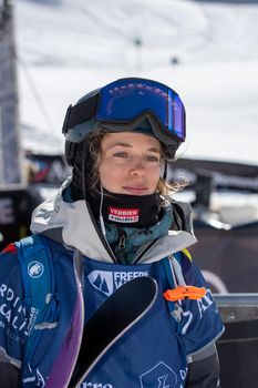 Ordino Arcalis, Andorra: 2021 February 24: Elisabeth Gerritzen in action at the Freeride World Tour 2021 Step 2 at Ordino Alcalis in Andorra in the winter of 2021.