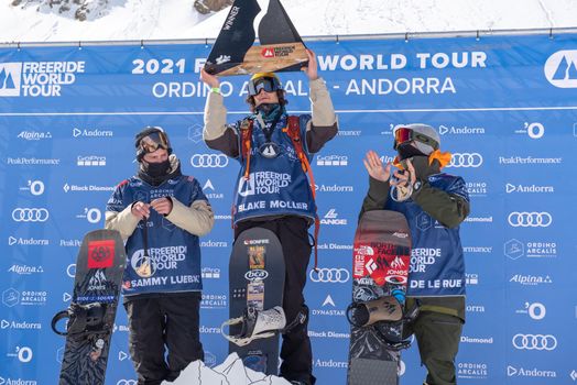 Ordino Arcalis, Andorra: 2021 February 24: Sammy Lueber, Blaker Moller, De le Rue in action at the Freeride World Tour 2021 Step 2 at Ordino Alcalis in Andorra in the winter of 2021.