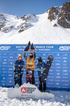 Ordino Arcalis, Andorra: 2021 February 24: Skiers in action at the Freeride World Tour 2021 Step 2 at Ordino Alcalis in Andorra in the winter of 2021.