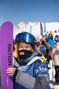 Ordino Arcalis, Andorra: 2021 February 24: Elisabeth Gerritzen in action at the Freeride World Tour 2021 Step 2 at Ordino Alcalis in Andorra in the winter of 2021.