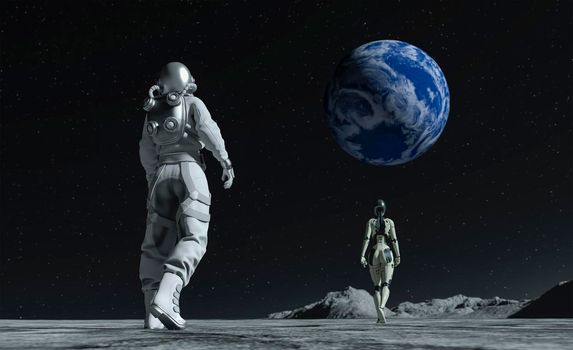 Astronaut and cyborg at the spacewalk on the moon looking at the earth. 3d rendering.