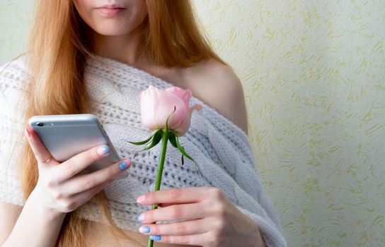 A woman holds her smartphone and a pink rose.