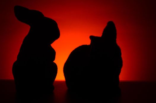 A silhouette of a couple furry bunny rabbits during the red and orange hues of the sunrise.